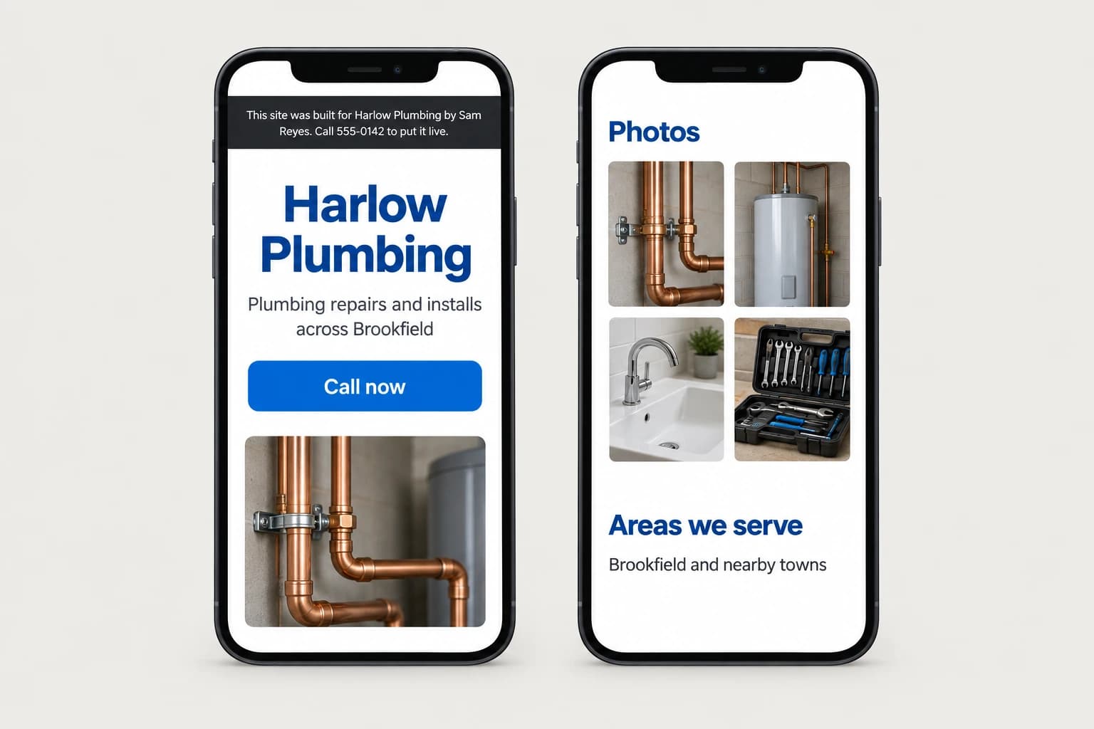 Two phone screens of the same Harlow Plumbing site. The first shows the banner with the builder's name and number, the business name and a Call now button. The second shows a grid of photos and the areas they serve